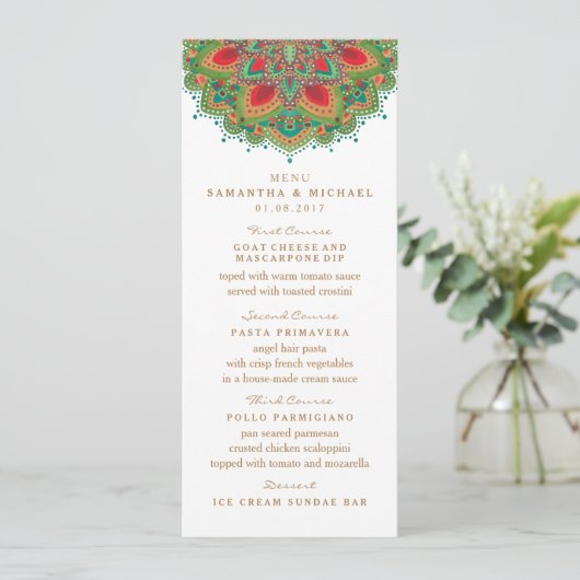 De Groene Mandala Wedding Menu Card (Staand voorkant)