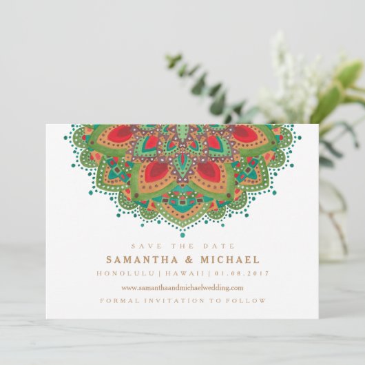 De groene Mandala Wedding Save the Date Card (Staand voorkant)