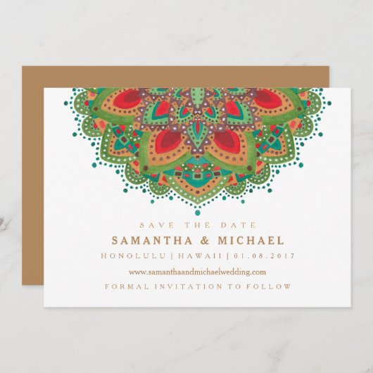 De groene Mandala Wedding Save the Date Card (Voorkant / Achterkant)
