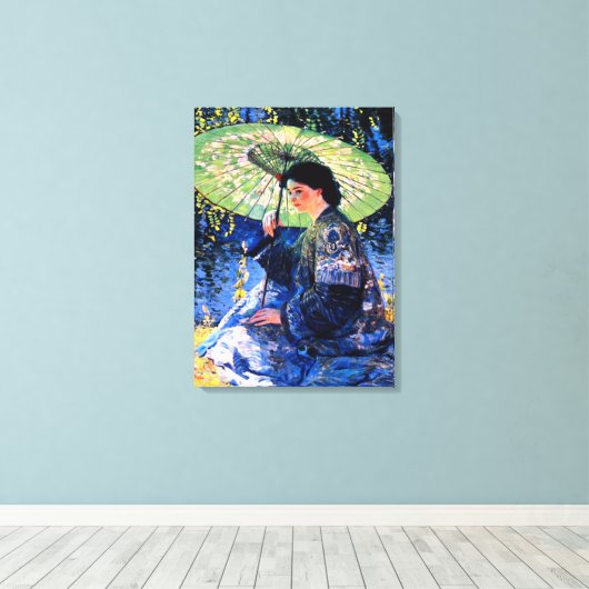 De groene parasol, een man Roos schilderij Canvas Afdruk (Insitu (Houten vloer))