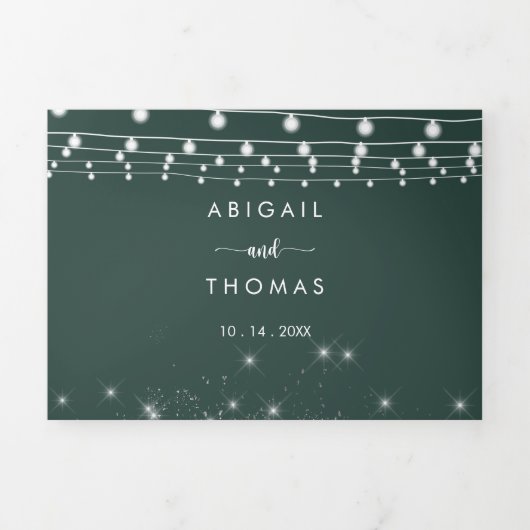 De groene rustieke String Lights Trifold van bruil Drieluik Uitnodiging (Cover)