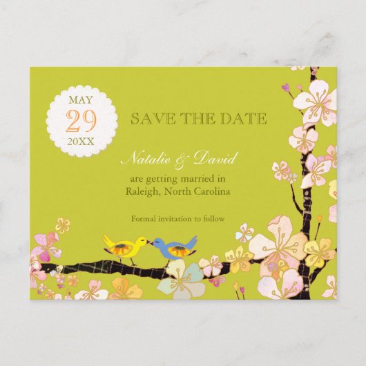 De Groene Tortelduifjes van de lente trekken spare Aankondigingskaart (Voorkant)