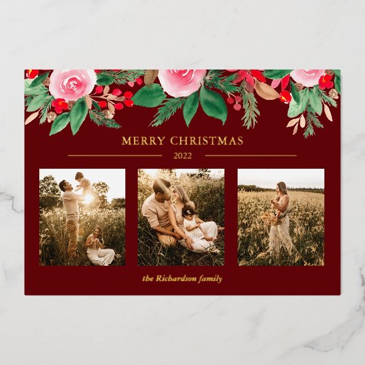 De groene waterverf Kerstmis 3 foto's rood Folie Feestdagenkaart (Voorkant)