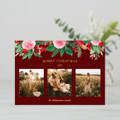 De groene waterverf Kerstmis 3 foto's rood Folie Feestdagenkaart (Staand Voorkant)