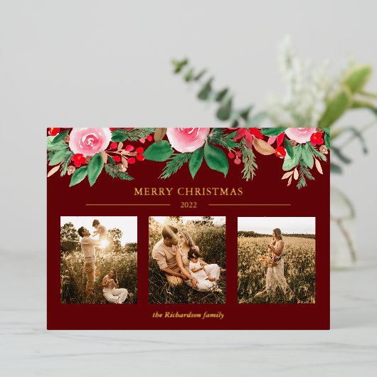 De groene waterverf Kerstmis 3 foto's rood Folie Feestdagenkaart (Staand Voorkant)