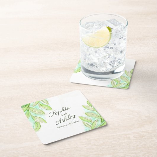 De groene waterverf van het huwelijk verlaat douan kartonnen onderzetters (Insitu)