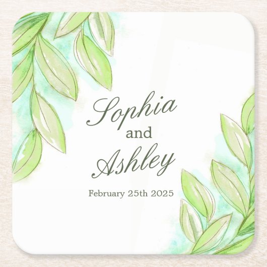 De groene waterverf van het huwelijk verlaat douan kartonnen onderzetters (Voorkant)