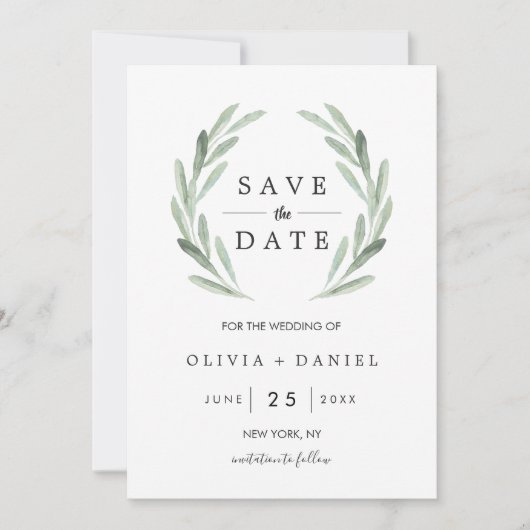 De groene Waterverf Wreath Wedding sparen de Datum Save The Date (Voorkant)