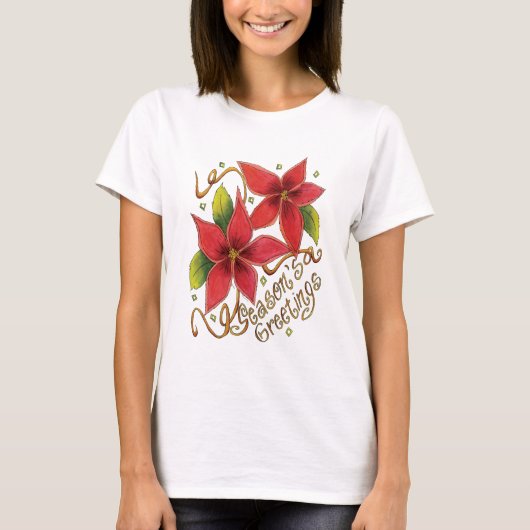 De groeten van de kerstseizoenen met Poinsettias T-shirt (Voorkant)