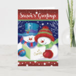 De Groeten van de seizoen, Carol Singing Snowman e Feestdagen Kaart<br><div class="desc">Op de Greetings-kaart van dit seizoen zingt een schattige sneeuwman en sneeuwvrouw carol. De ene draagt een rood wollig pet,  de andere draagt een blauwe bovenste hoed. Beide dragen houten sjaals en handschoenen. Dit is een vrolijk ontwerp dat zacht geschilderd is in traditionele kerstkleuren.</div>