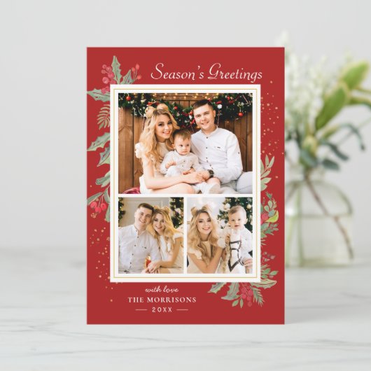 De groeten van het kerstseizoen Holly Berries 3 Fo Feestdagenkaart (Staand voorkant)