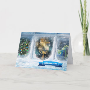 De groeten van het seizoen. Sneeuwscène met Menora Feestdagen Kaart