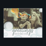 De groeten van onze Bubble Sociale Vervormende Fot Briefkaart<br><div class="desc">Bubbel de sociale afstanden van de quarantaine met aangepaste foto.  Het front zegt: "Groeten van onze bel naar die van jou."  Pas de rug met een bericht aan.</div>