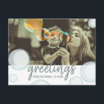 De groeten van onze Bubble Sociale Vervormende Fot Briefkaart<br><div class="desc">Bubbel de sociale afstanden van de quarantaine met aangepaste foto.  Het front zegt: "Groeten van onze bel naar die van jou."  Pas de rug met een bericht aan.</div>