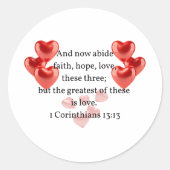 "De grootste van hen in de liefde." Christelijk Ronde Sticker (Voorkant)