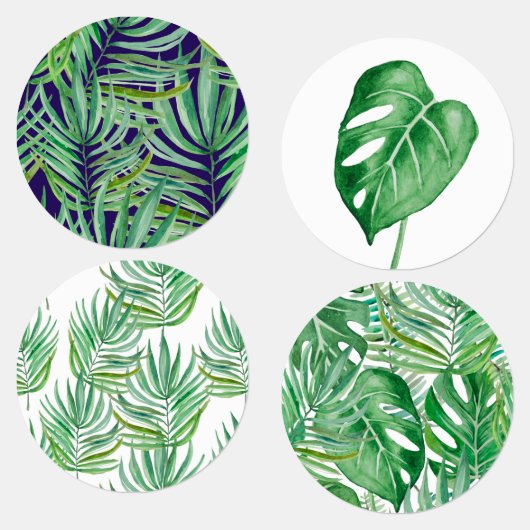 De grote bladeren van palmbomen en monstera labels (Groep)