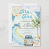 De grote blauwe retro surfen eerste verjaardag kaart (Voorkant)