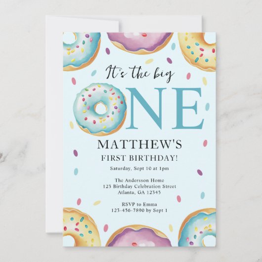 De grote één 1e verjaardag Donut Themafeest Kaart (Voorkant)