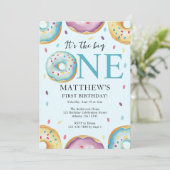 De grote één 1e verjaardag Donut Themafeest Kaart (Staand voorkant)