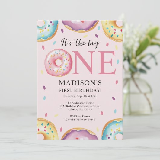 De grote één 1e verjaardag Donut Themafeest Kaart (Staand voorkant)