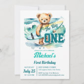 De grote één surfen verjaardagsfeestje teddy surfb kaart (Voorkant)