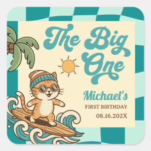 De Grote Eén Surfer Kat Retro Zomer 1e Verjaardag Vierkante Sticker