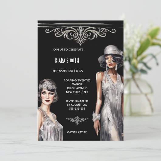 De grote Gatsby | zilveren zwarte Flapper meisjes  Kaart (Staand voorkant)