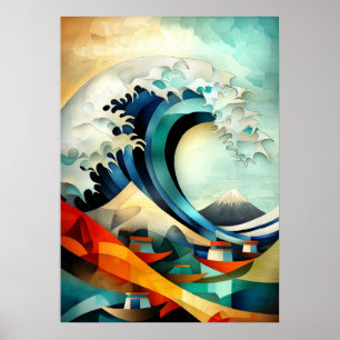 De Grote Golf bij Kanagawa - Cubistisch Minimalist Poster