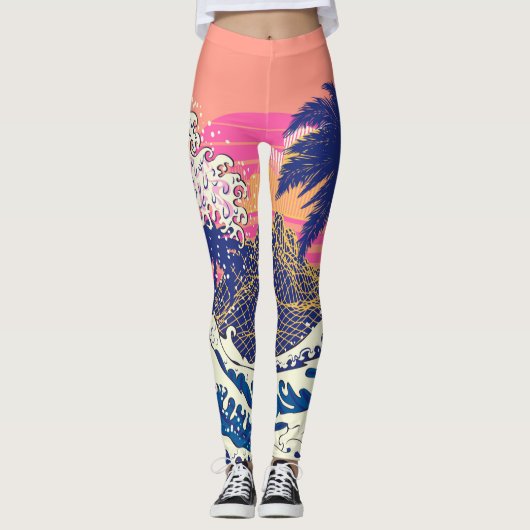 De grote golf van kanagawa- en palmbomen leggings (Voorkant)