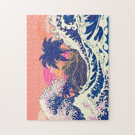 De grote golf van kanagawa- en palmbomen legpuzzel (Verticaal)