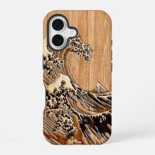De Grote Hokusai-golf Bamboe Hout Inlegstijl iPhone 16 Hoesje