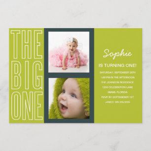 DE GROTE IN GROEN    EERSTE BIRTHDAY-INVITATIE KAART