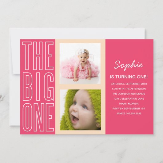 DE GROTE IN PINK | EERSTE BIRTHDAY-INVITATIE KAART (Voorkant)
