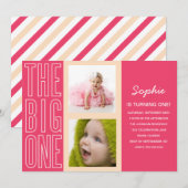 DE GROTE IN PINK | EERSTE BIRTHDAY-INVITATIE KAART (Voorkant / Achterkant)