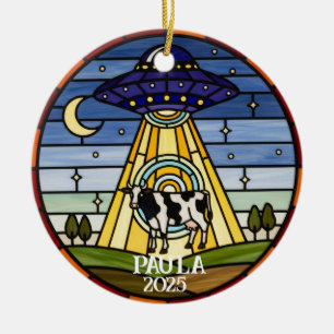 De Grote Koe Ontvoering: Retro Glas in lood UFO Keramisch Ornament