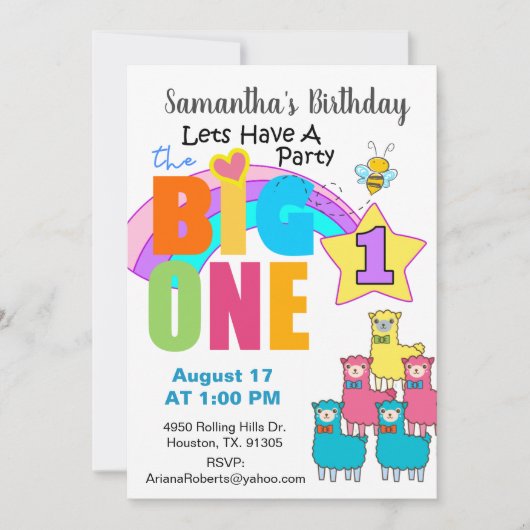 De grote Llamas 1e verjaardag Uitnodiging (Voorkant)