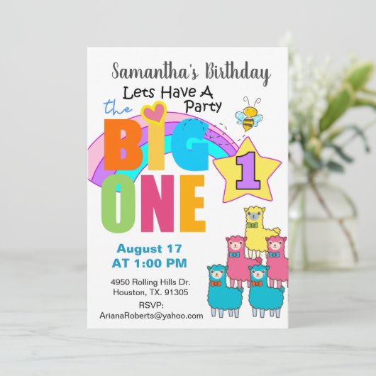 De grote Llamas 1e verjaardag Uitnodiging (Staand voorkant)