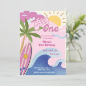 De grote roze retro surfen eerste verjaardag kaart (Staand voorkant)