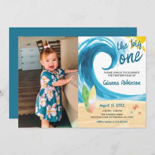 De grote Surfer eerste verjaardag uitnodiging (Voorkant / Achterkant)
