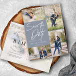 De hand liet Dusty Blauwe Collage sparen de Datum Aankondigingskaart<br><div class="desc">Neem uw 5 beste afbeeldingen van uw de fotozitting van het verloving met 4 voor de voorzijde en voor de rug. Het is voorzien van een handschrift met de vermelding Save the Date (Opslaan van datum).</div>