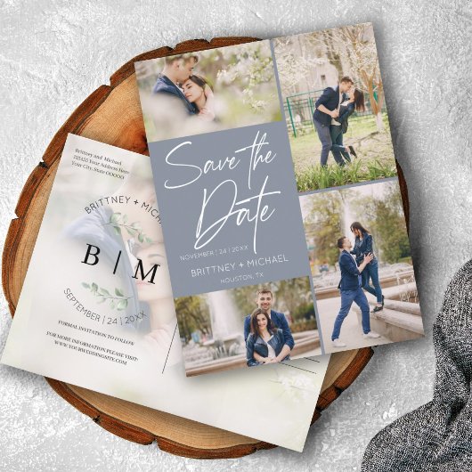 De hand liet Dusty Blauwe Collage sparen de Datum Aankondigingskaart