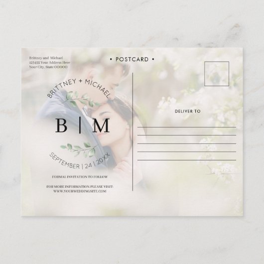 De hand liet Dusty Blauwe Collage sparen de Datum Aankondigingskaart (Achterkant)