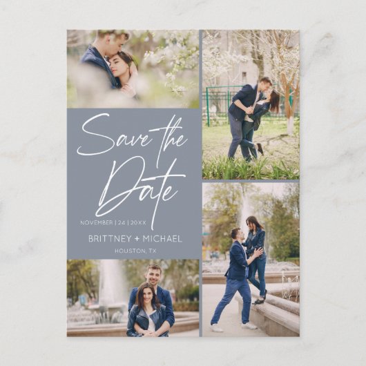 De hand liet Dusty Blauwe Collage sparen de Datum Aankondigingskaart (Voorkant)