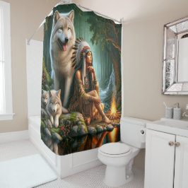 De harmonie tussen Indianen en wolven in natuur Douchegordijn