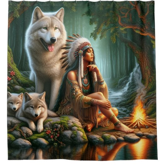 De harmonie tussen Indianen en wolven in natuur Douchegordijn (Voorkant)