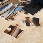 De havenstad met kleurrijke vissersboten legpuzzel (Zijkant)