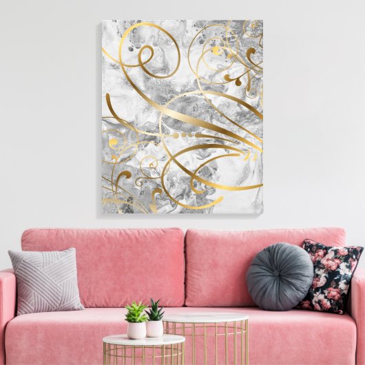De hedendaagse Gemengde Media Gold Swirls bloeit Canvas Afdruk (Insitu (Woonkamer))