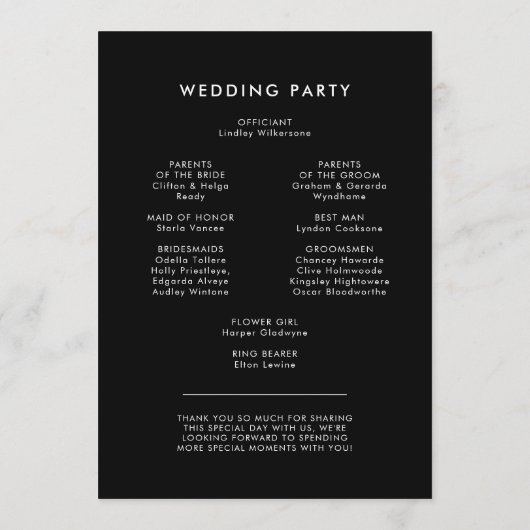 De hedendaagse moderne zwarte bruiloft dubbelzijdi programmakaart (Achterkant)