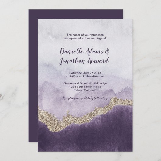 De hedendaagse Paarse Amethyst en de gouden bruilo Kaart (Voorkant / Achterkant)