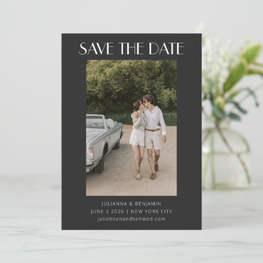 De hedendaagse retroArt Deco Foto Weddenschap Blac Save The Date (Staand voorkant)